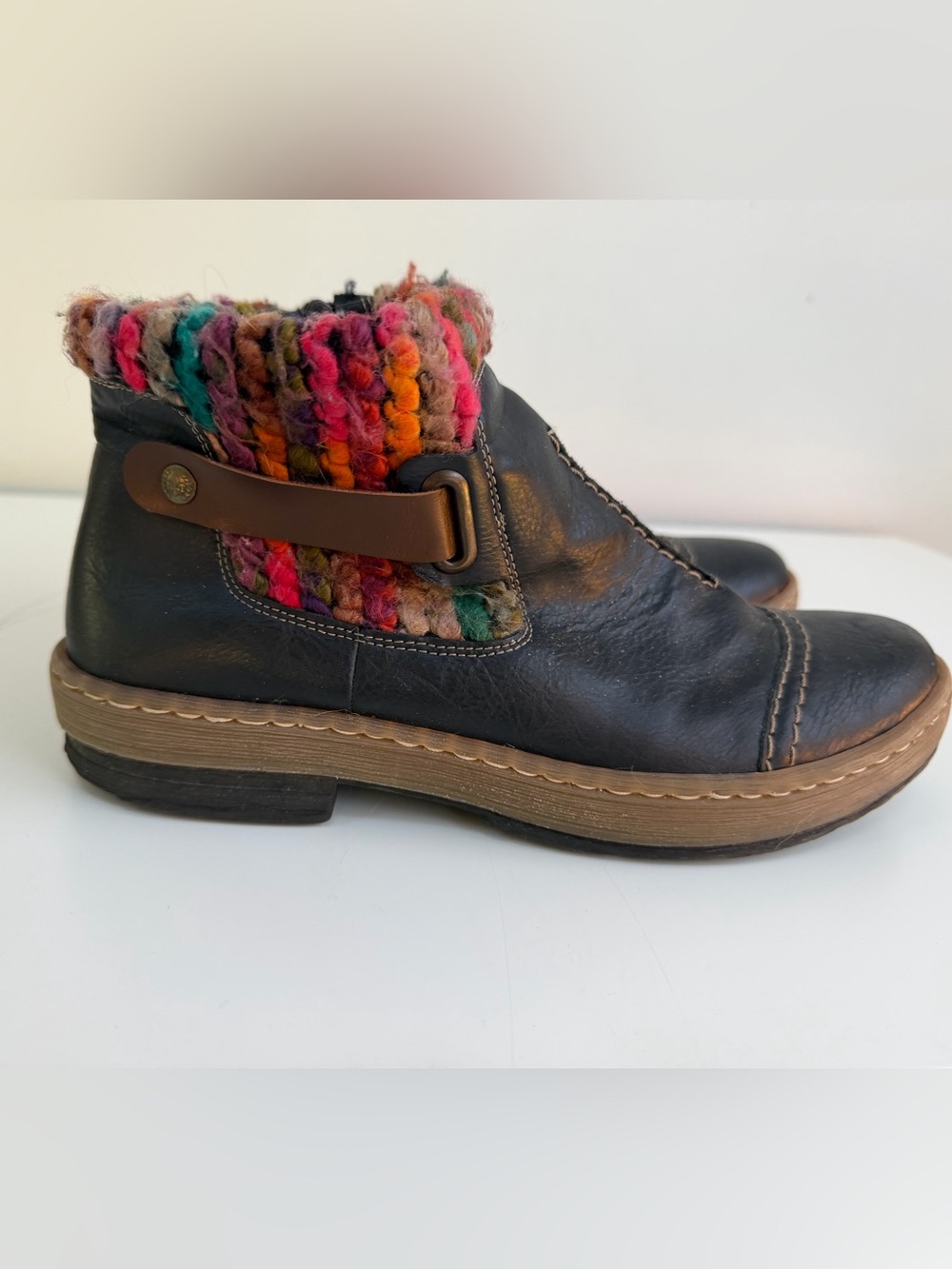 Rieker Faux Leather Ankle Boot with Multicolor Knit Cuff - Size EU 40